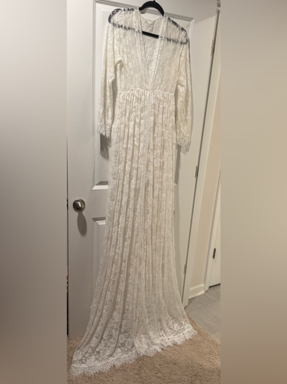 Sheer Maternity Boudoir Deep V-Neck Split Maxi White Lace Dress - Picture 4 of 5